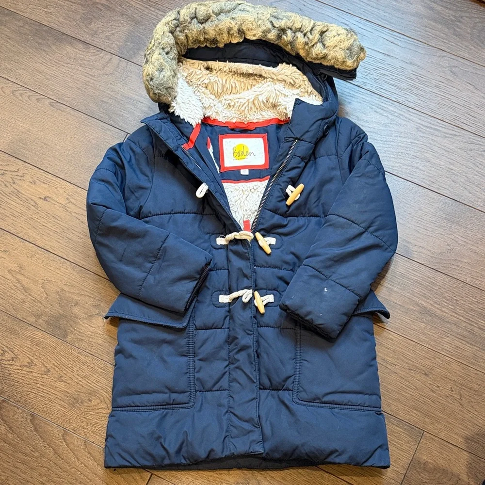 Mini Boden Cozy Navy Kids Jacket with Faux Fur Hood 6-7Y C5-039
